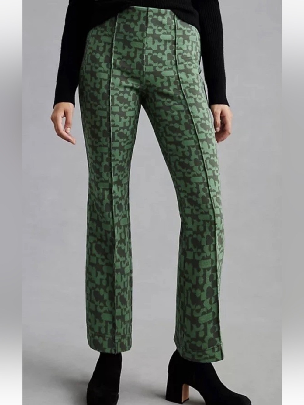 Maeve Anthropologie The Margot Green Geometric Print Pull On Flare Pants Large